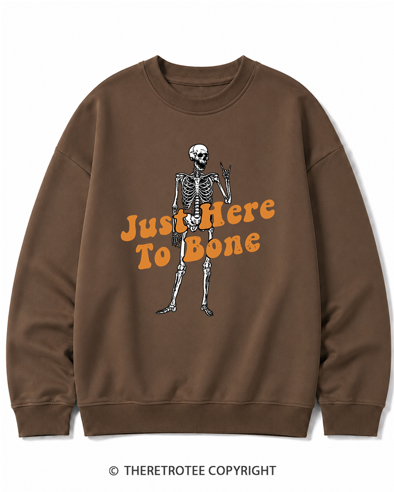 TheRetroTee Just Here To Bone 1990s Halloween Halloween Cotton Sweatshirt