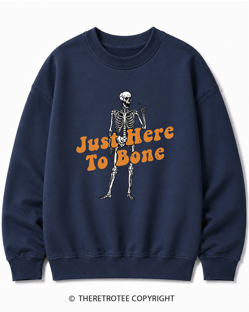 TheRetroTee Just Here To Bone 1990s Halloween Halloween Cotton Sweatshirt