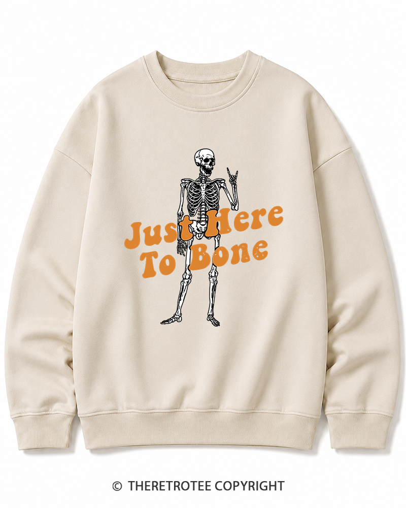 TheRetroTee Just Here To Bone 1990s Halloween Halloween Cotton Sweatshirt