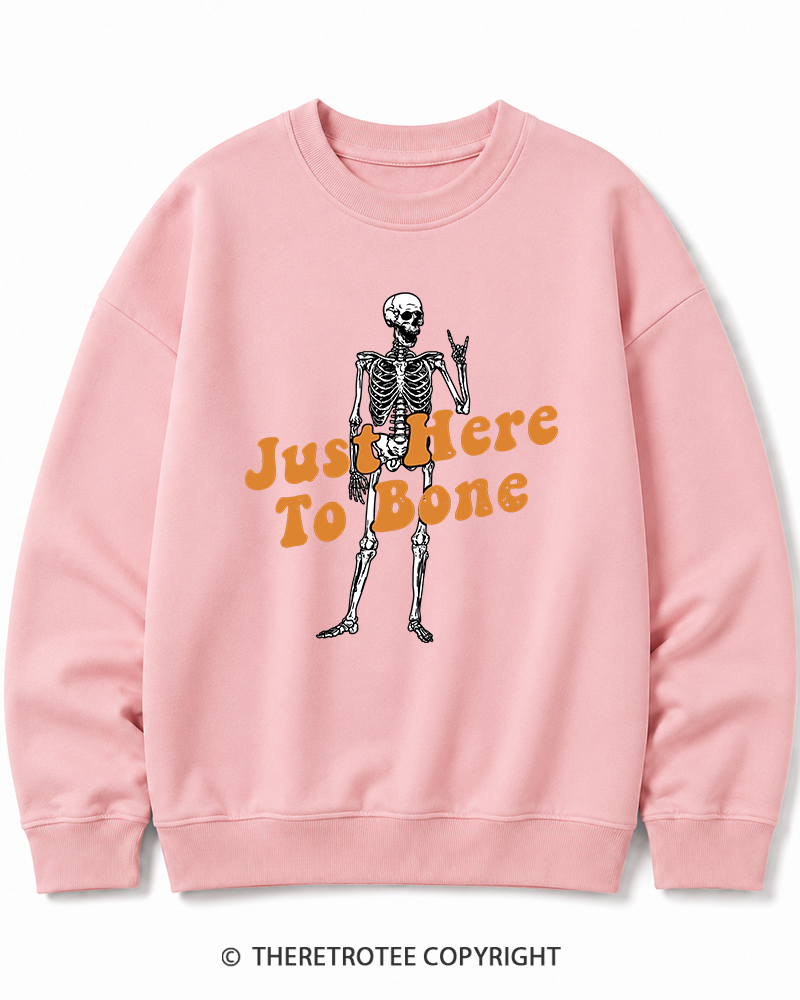 TheRetroTee Just Here To Bone 1990s Halloween Halloween Cotton Sweatshirt