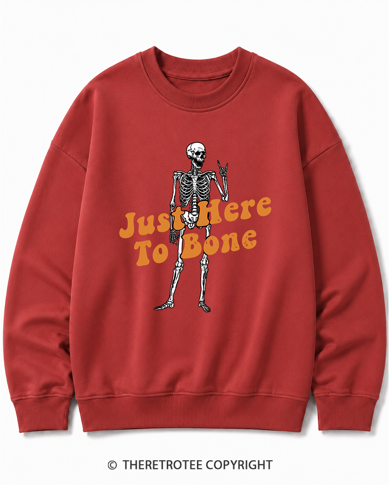 TheRetroTee Just Here To Bone 1990s Halloween Halloween Cotton Sweatshirt