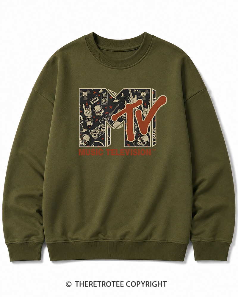 TheRetroTee Vintage Rock n Roll Skull Guitar Heavy Metal 1980s Halloween Cotton Sweatshirt