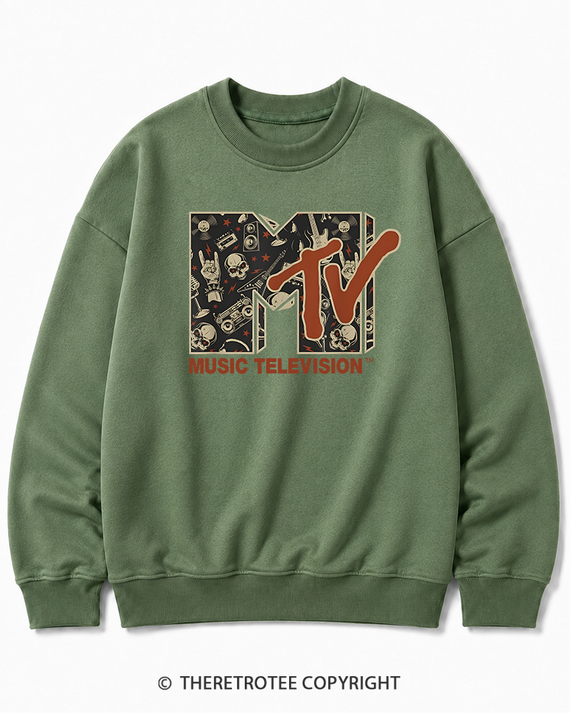 TheRetroTee Vintage Rock n Roll Skull Guitar Heavy Metal 1980s Halloween Cotton Sweatshirt