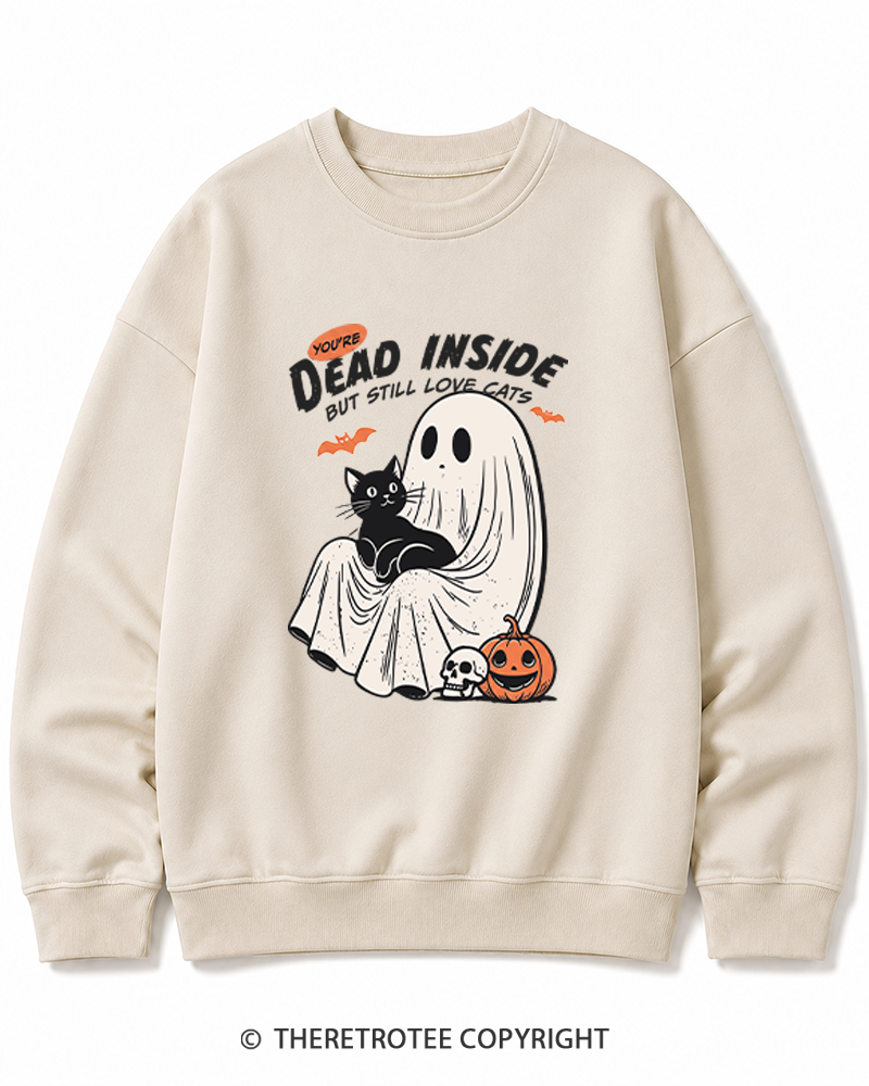 TheRetroTee You’re Dead Inside But Still Love Cats 1990s Halloween Cotton Sweatshirt