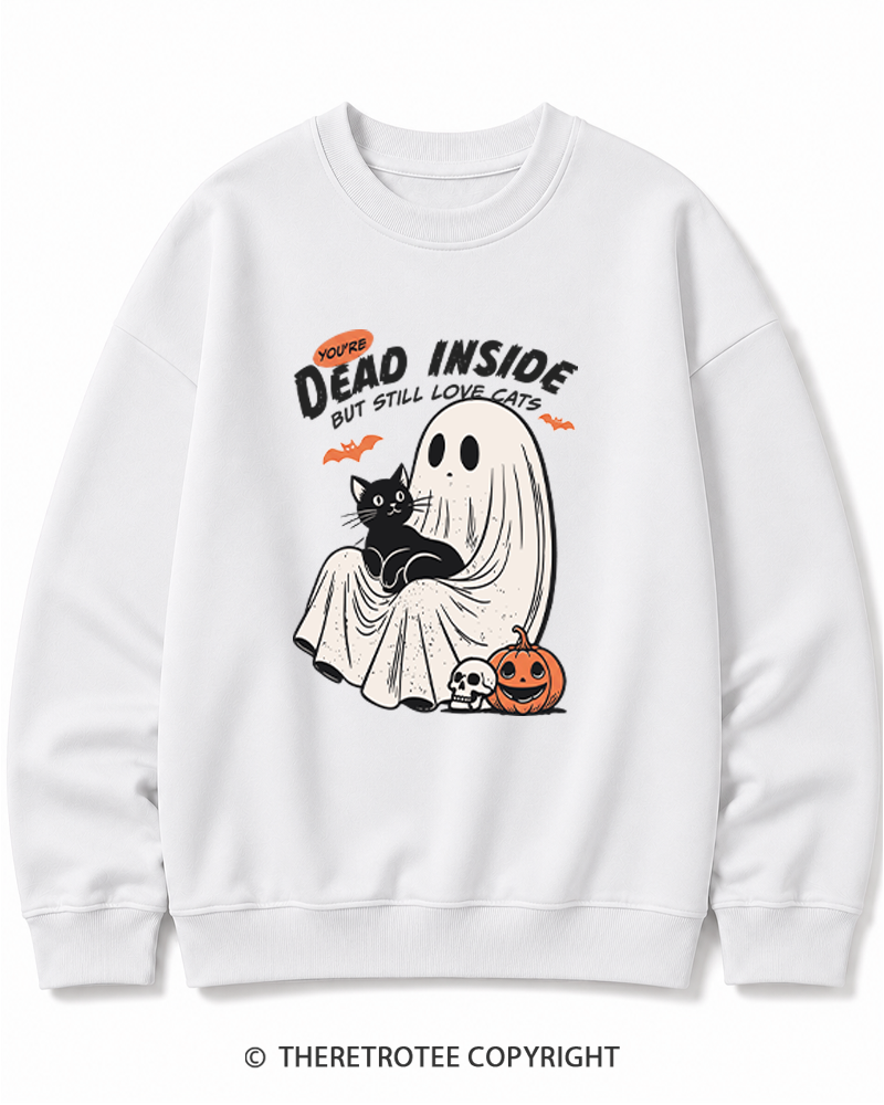 TheRetroTee You’re Dead Inside But Still Love Cats 1990s Halloween Cotton Sweatshirt