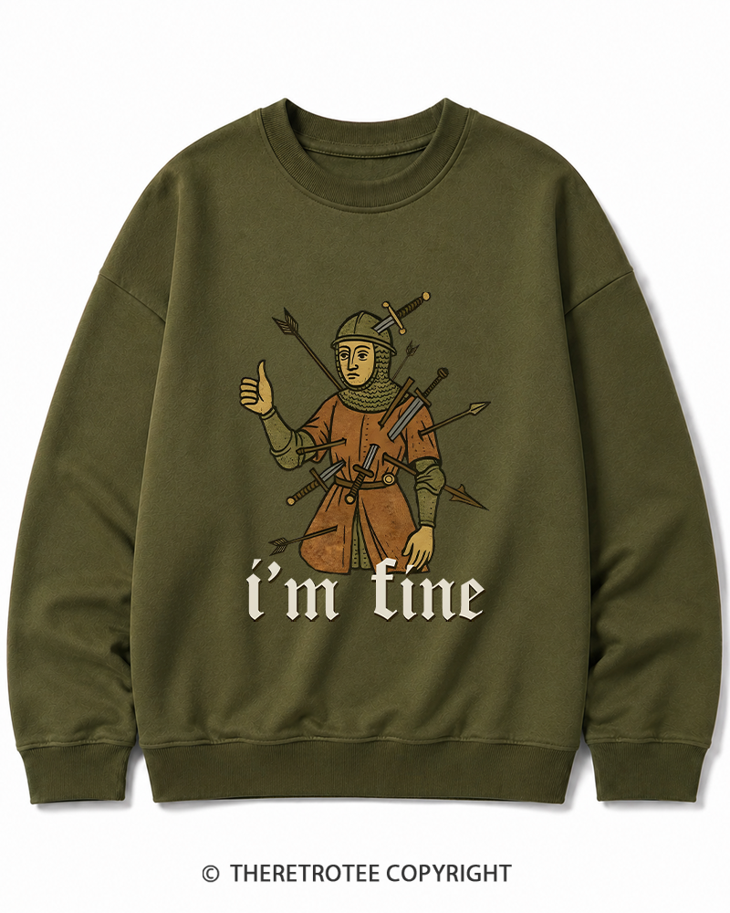 TheRetroTee Medieval Knight I’m Fine 1970s Cotton Sweatshirt