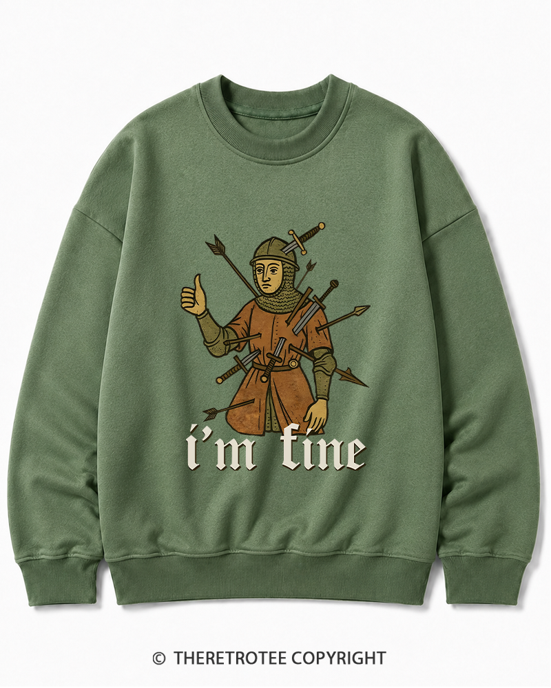 TheRetroTee Medieval Knight I’m Fine 1970s Cotton Sweatshirt