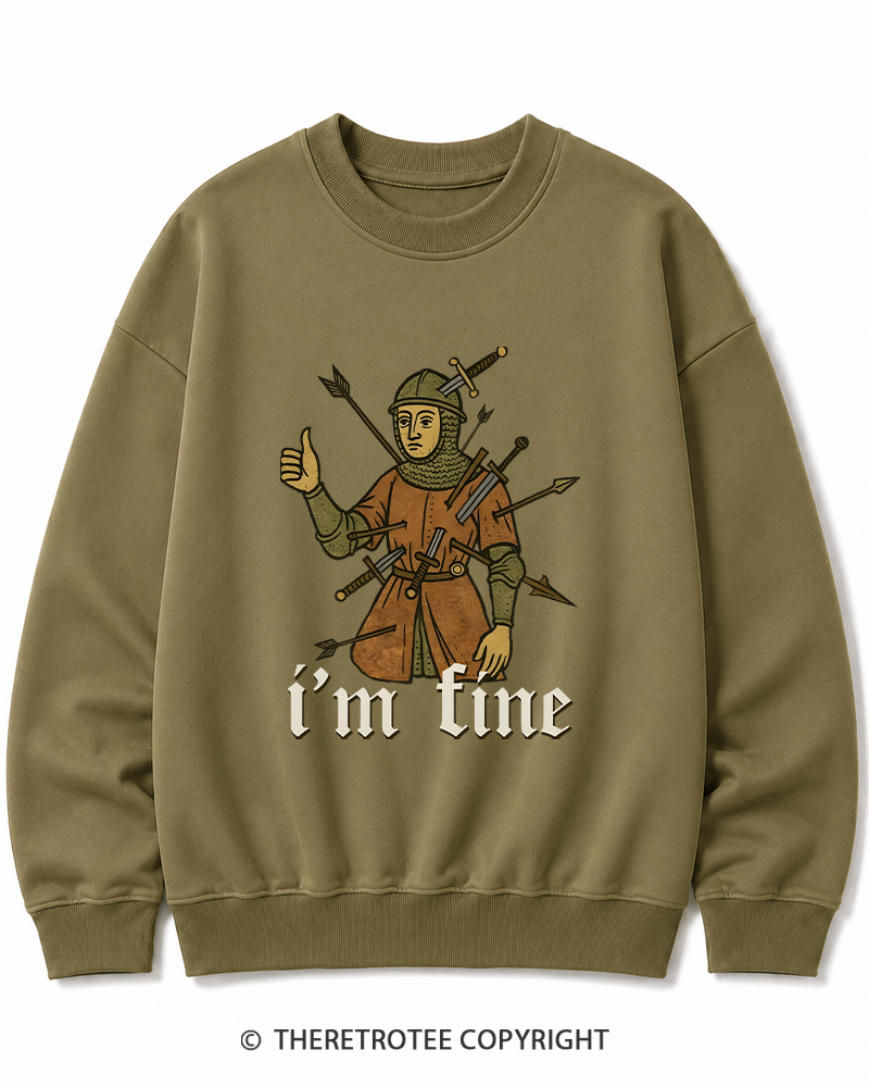 TheRetroTee Medieval Knight I’m Fine 1970s Cotton Sweatshirt