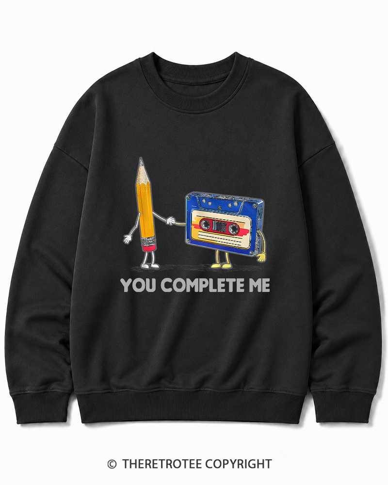 TheRetroTee You Complete Me Pencil & Cassette 1980s Cotton Sweatshirt