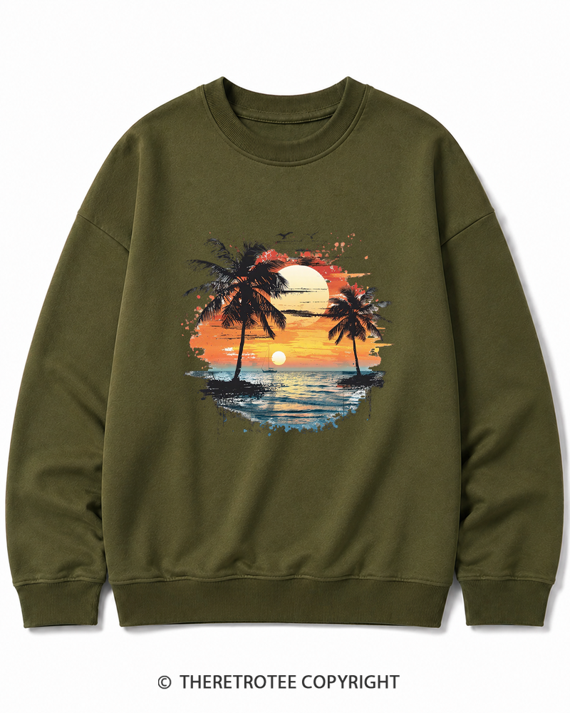 TheRetroTee Beach Sunset With Palm Trees 1980s Cotton Sweatshirt