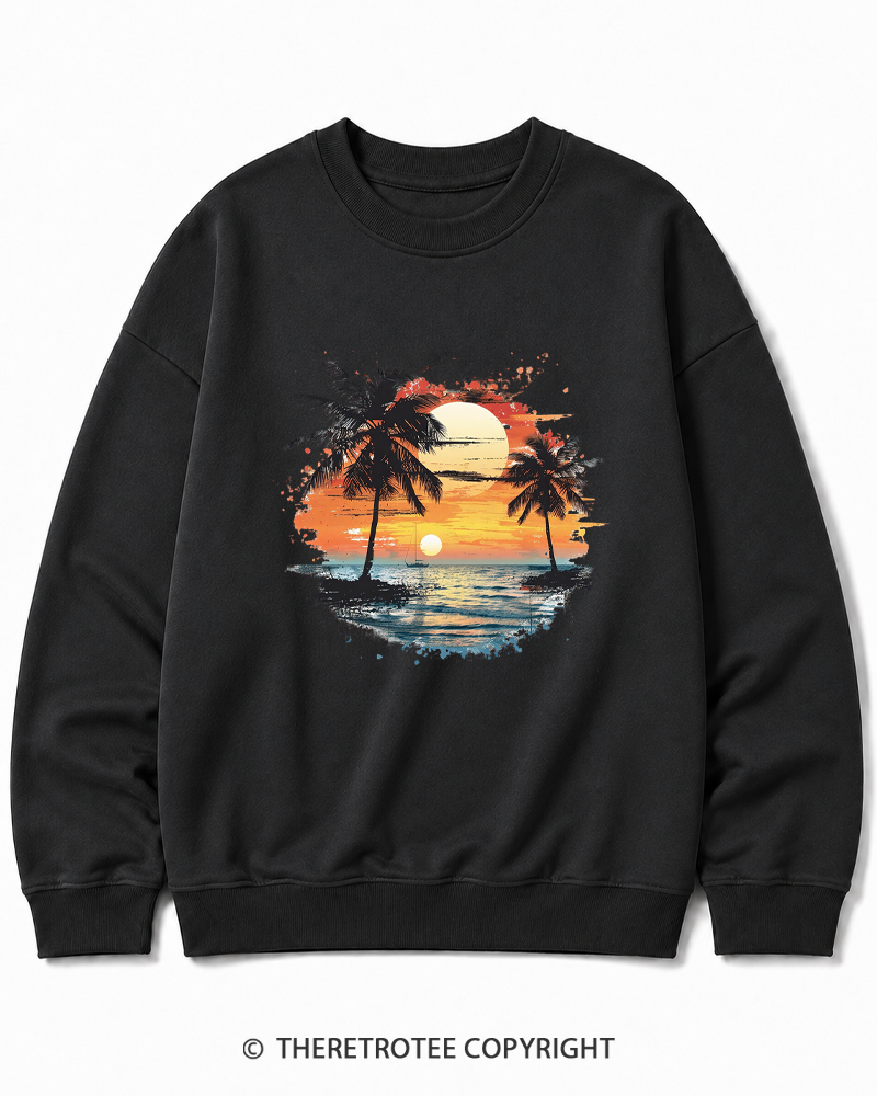TheRetroTee Beach Sunset With Palm Trees 1980s Cotton Sweatshirt