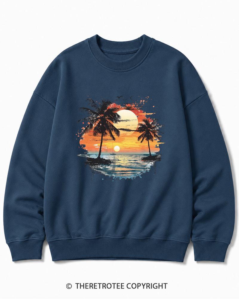 TheRetroTee Beach Sunset With Palm Trees 1980s Cotton Sweatshirt