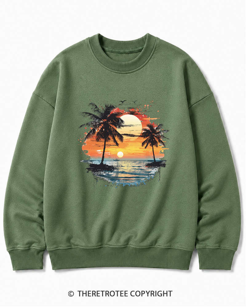 TheRetroTee Beach Sunset With Palm Trees 1980s Cotton Sweatshirt