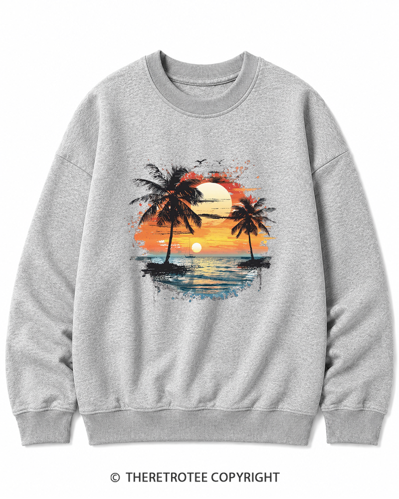TheRetroTee Beach Sunset With Palm Trees 1980s Cotton Sweatshirt