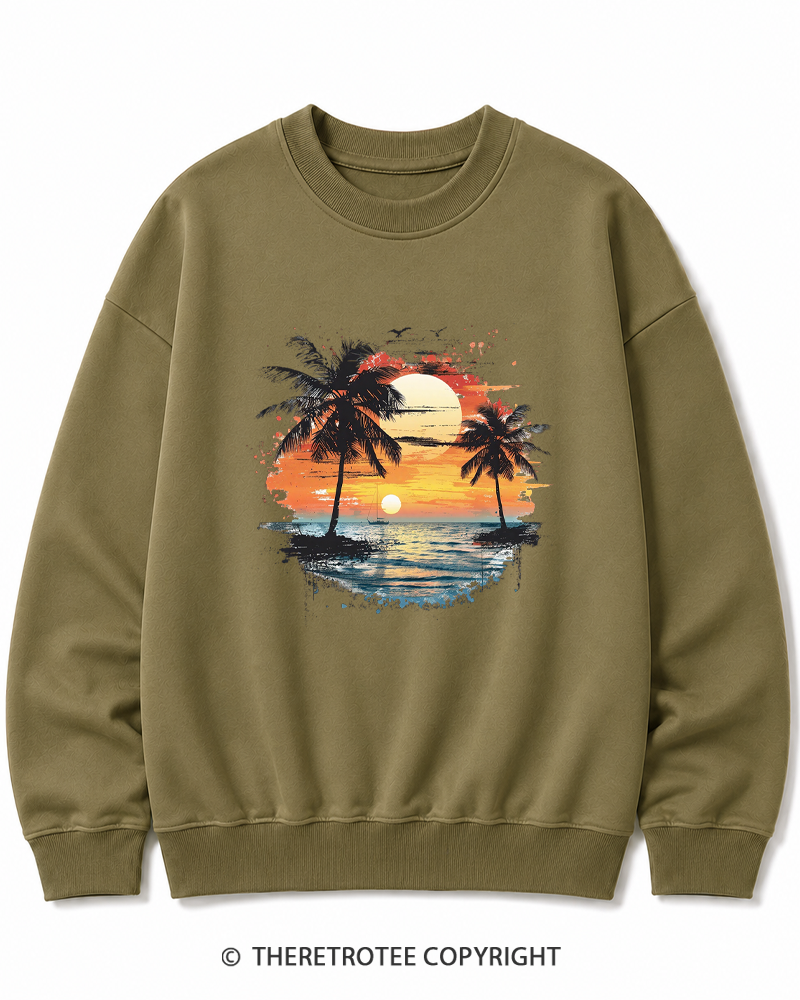 TheRetroTee Beach Sunset With Palm Trees 1980s Cotton Sweatshirt