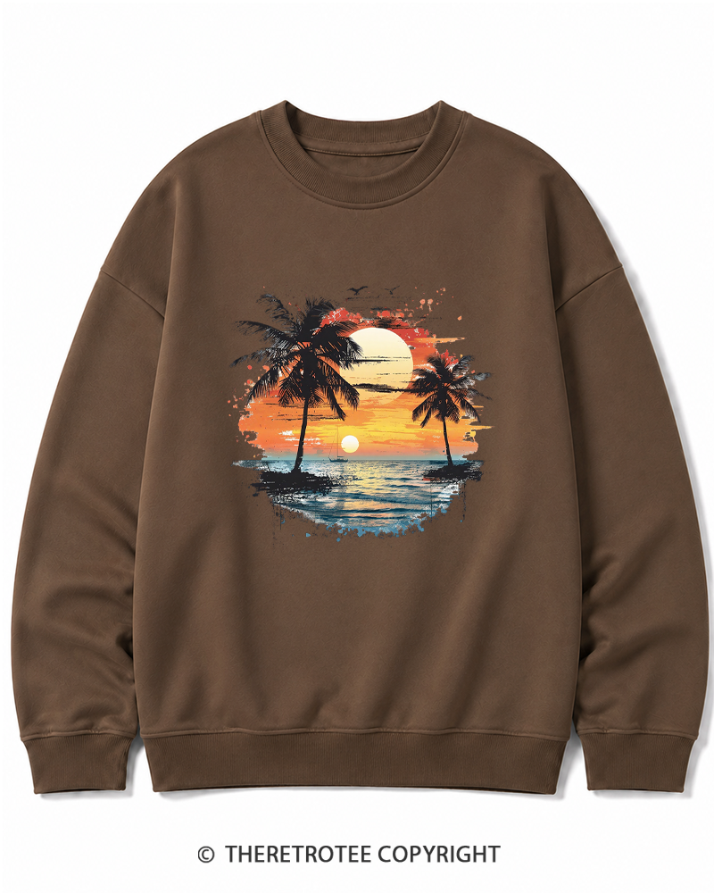 TheRetroTee Beach Sunset With Palm Trees 1980s Cotton Sweatshirt