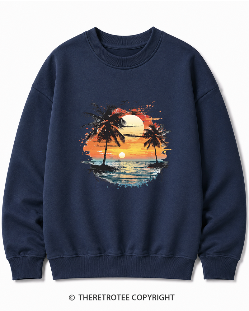 TheRetroTee Beach Sunset With Palm Trees 1980s Cotton Sweatshirt