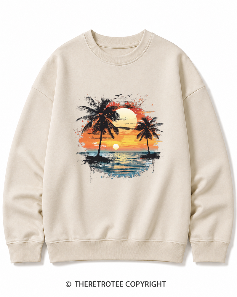 TheRetroTee Beach Sunset With Palm Trees 1980s Cotton Sweatshirt