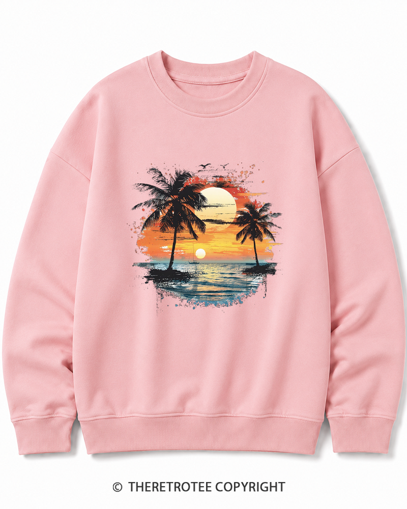 TheRetroTee Beach Sunset With Palm Trees 1980s Cotton Sweatshirt