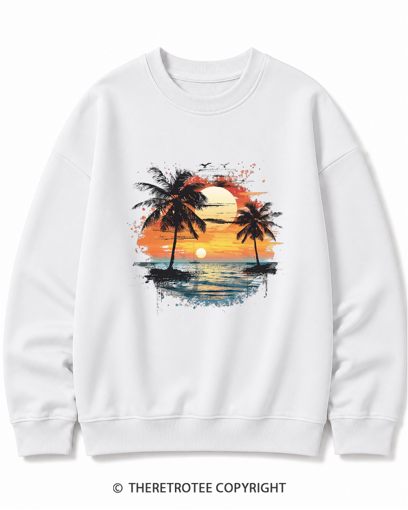 TheRetroTee Beach Sunset With Palm Trees 1980s Cotton Sweatshirt