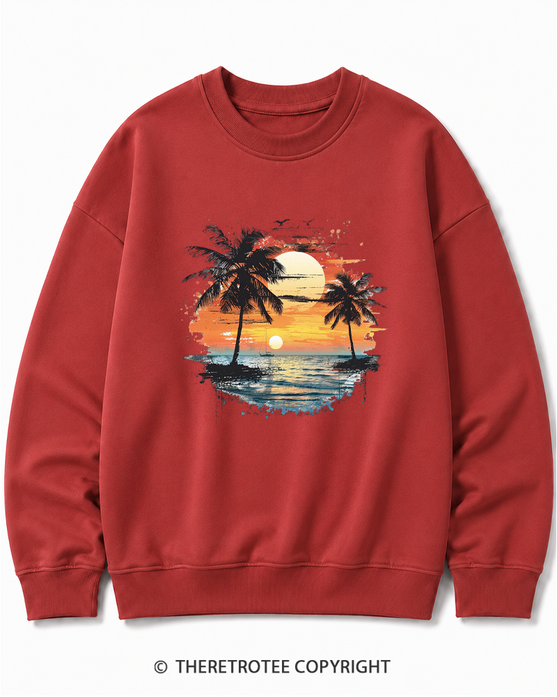 TheRetroTee Beach Sunset With Palm Trees 1980s Cotton Sweatshirt