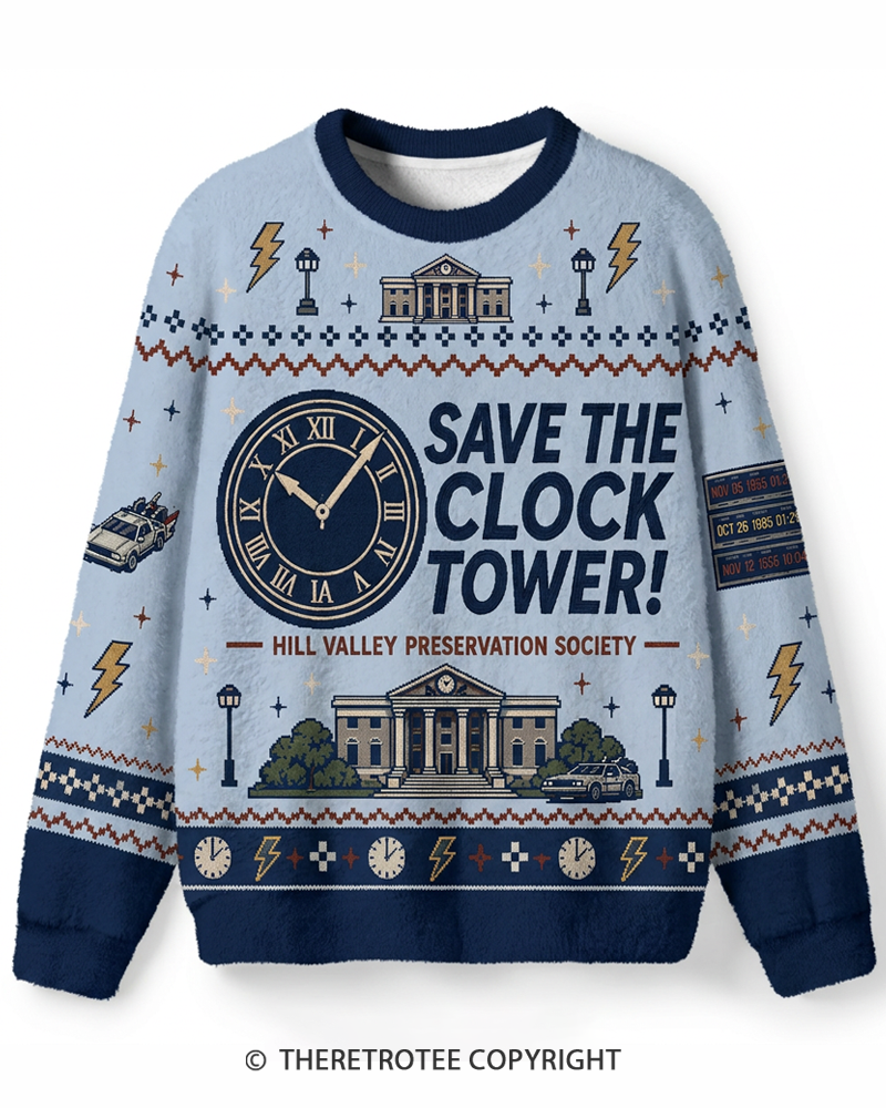 TheRetroTee Save The Clock Tower 1980s Sweater