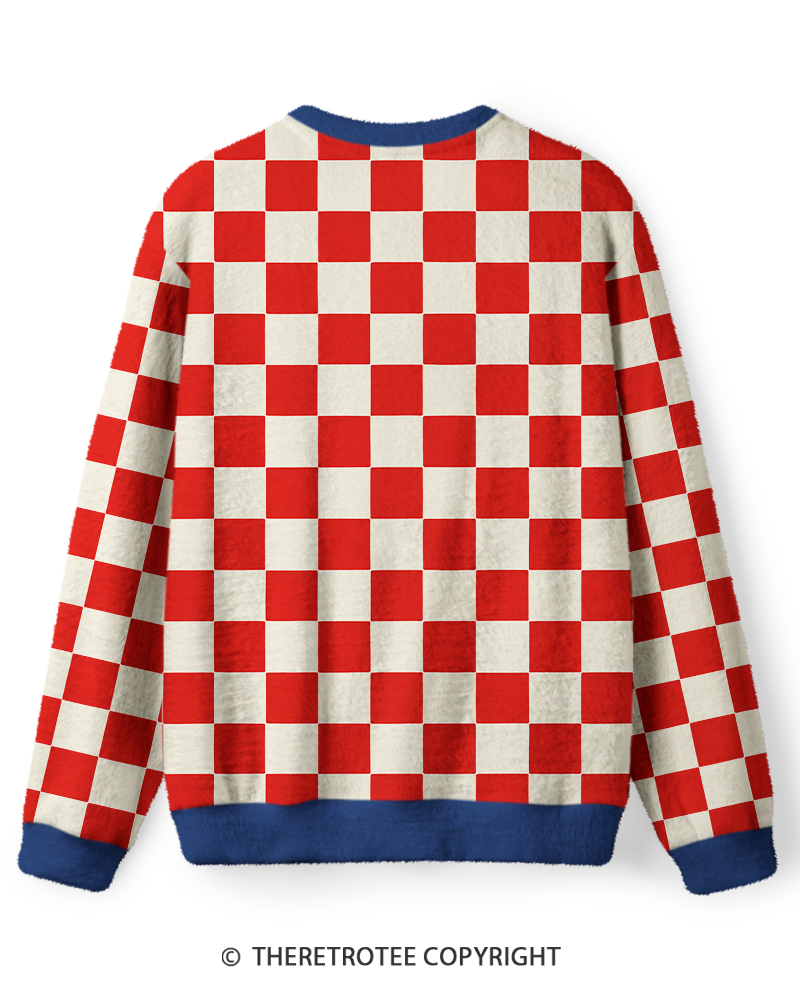 TheRetroTee Vintage 1970s Cherry Red Checkerboard Sweater
