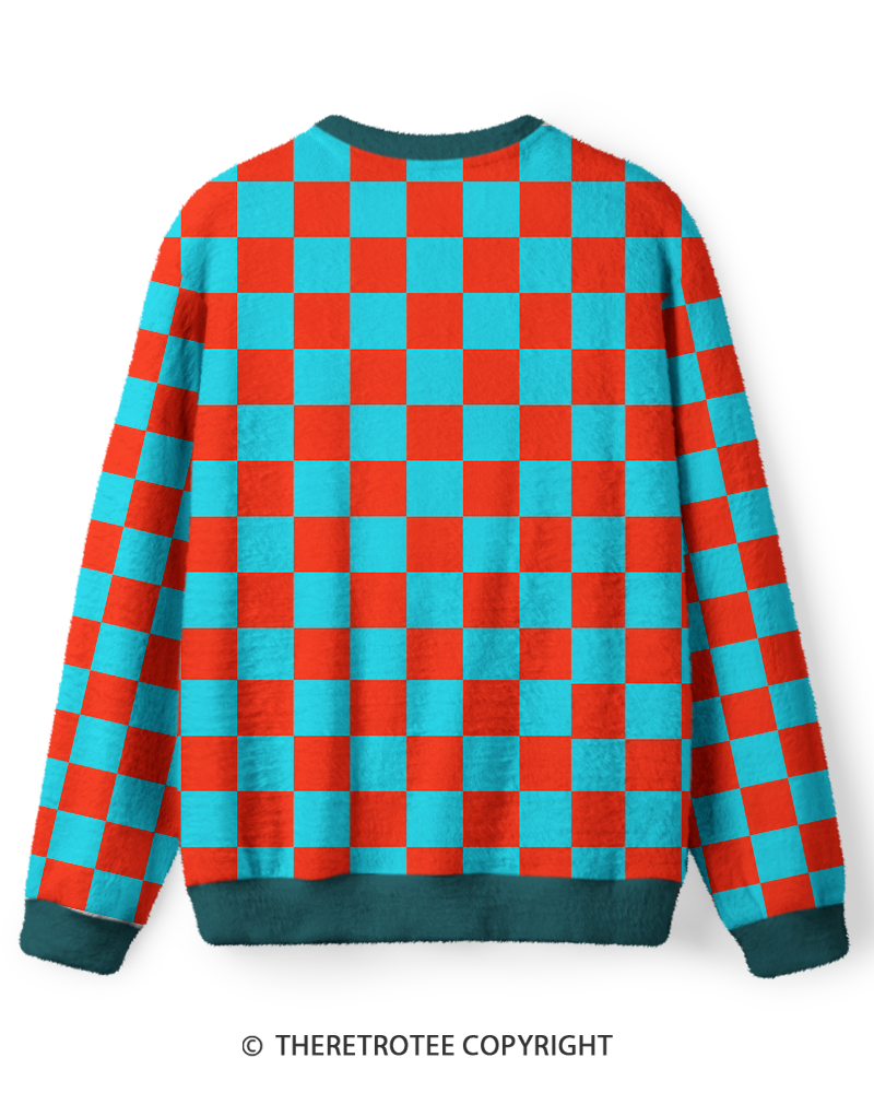 TheRetroTee Vintage 1980s Aqua Orange Checkerboard Sweater