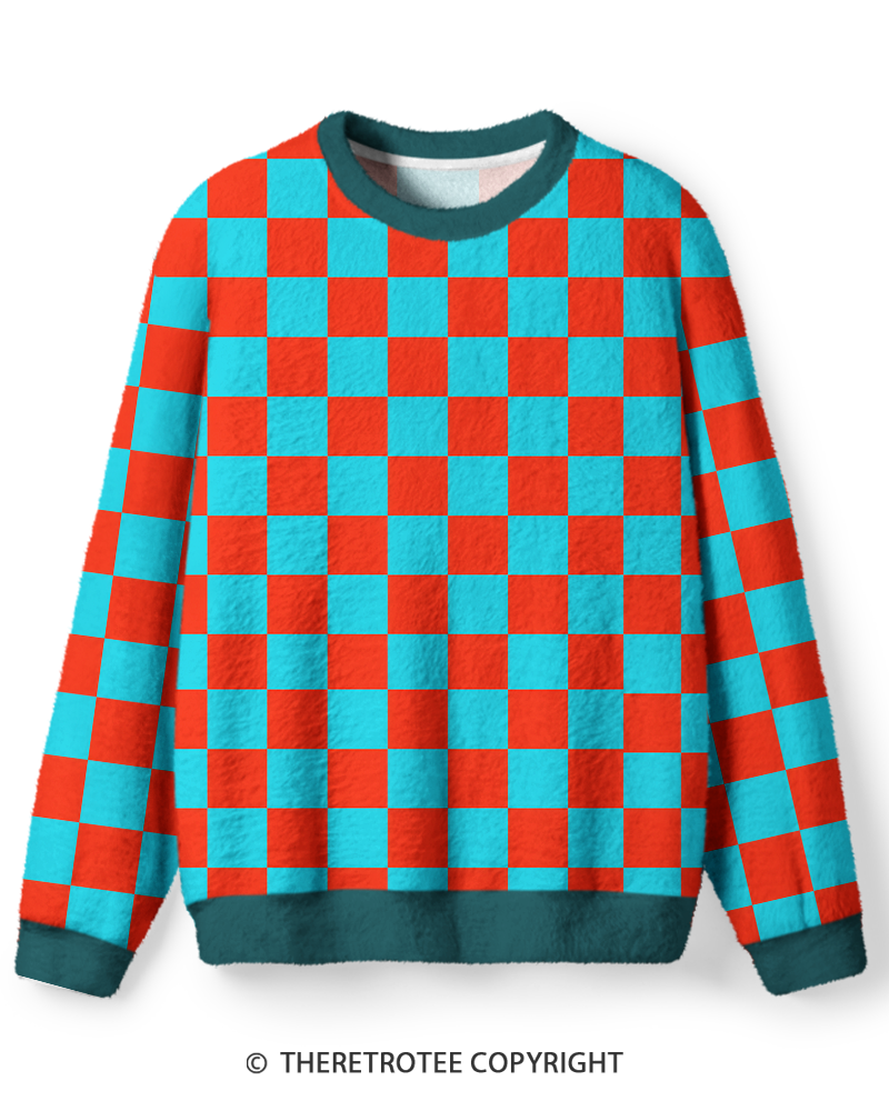 TheRetroTee Vintage 1980s Aqua Orange Checkerboard Sweater