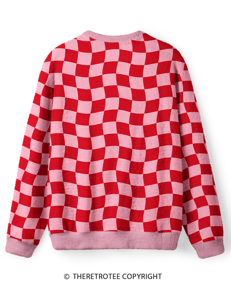 TheRetroTee Vintage 1970s Pink Wavy Checkerboard Sweater