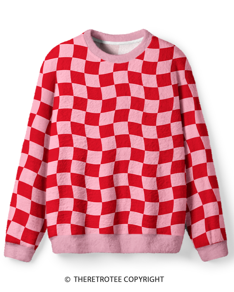 TheRetroTee Vintage 1970s Pink Wavy Checkerboard Sweater