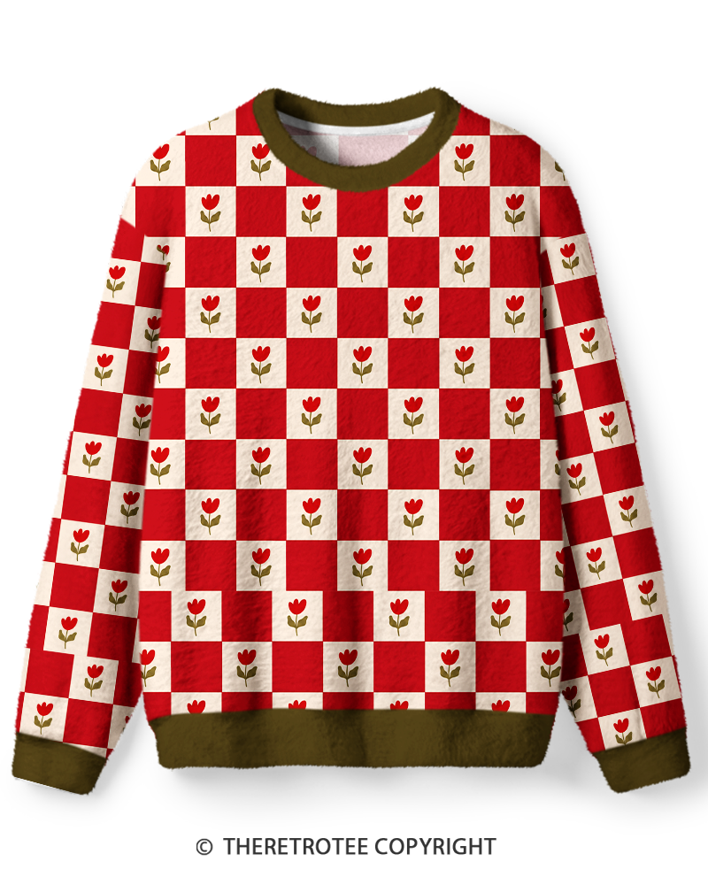 TheRetroTee Vintage 1970s Red Tulip Checkerboard Sweater