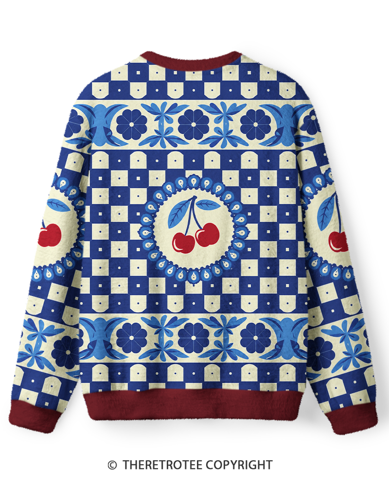 TheRetroTee Vintage 1970s Delft Blue Cherry Folk Tile Sweater