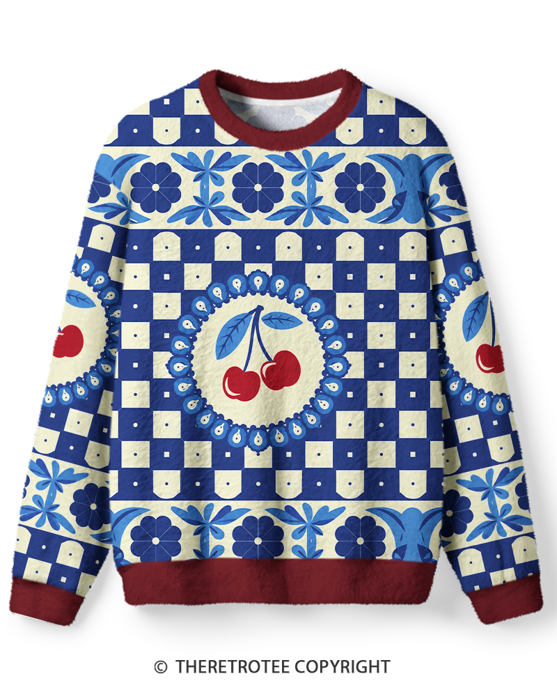 TheRetroTee Vintage 1970s Delft Blue Cherry Folk Tile Sweater