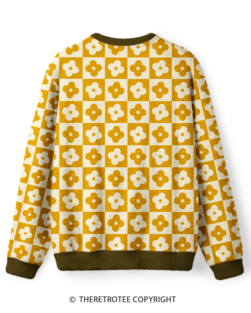 TheRetroTee Vintage 1970s Golden Daisy Checkerboard Sweater