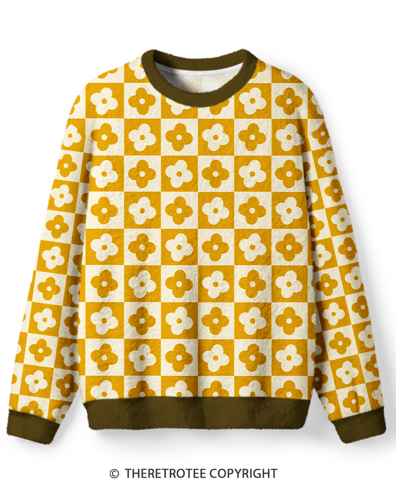TheRetroTee Vintage 1970s Golden Daisy Checkerboard Sweater
