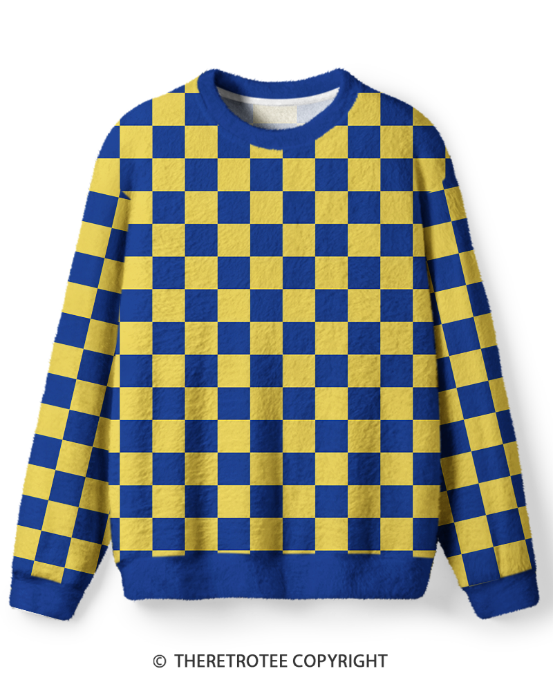 TheRetroTee Vintage 1970s Royal Blue Gold Checkerboard Sweater