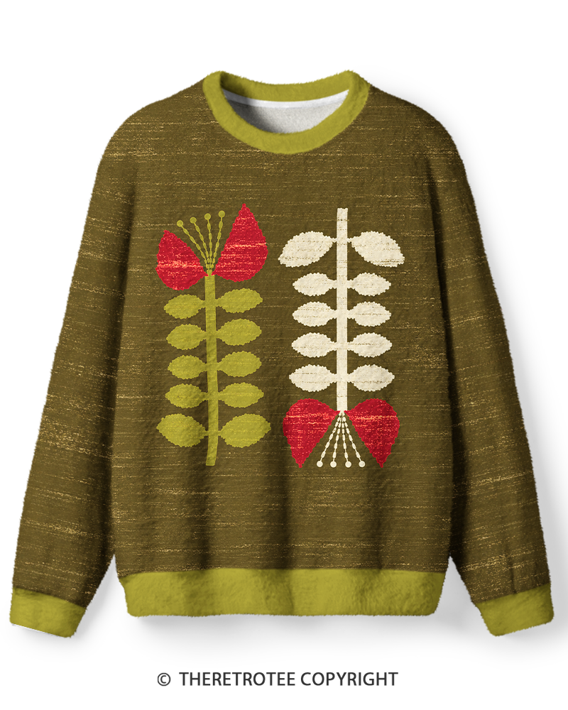 TheRetroTee Vintage 1970s Olive Red Botanical Folk Sweater