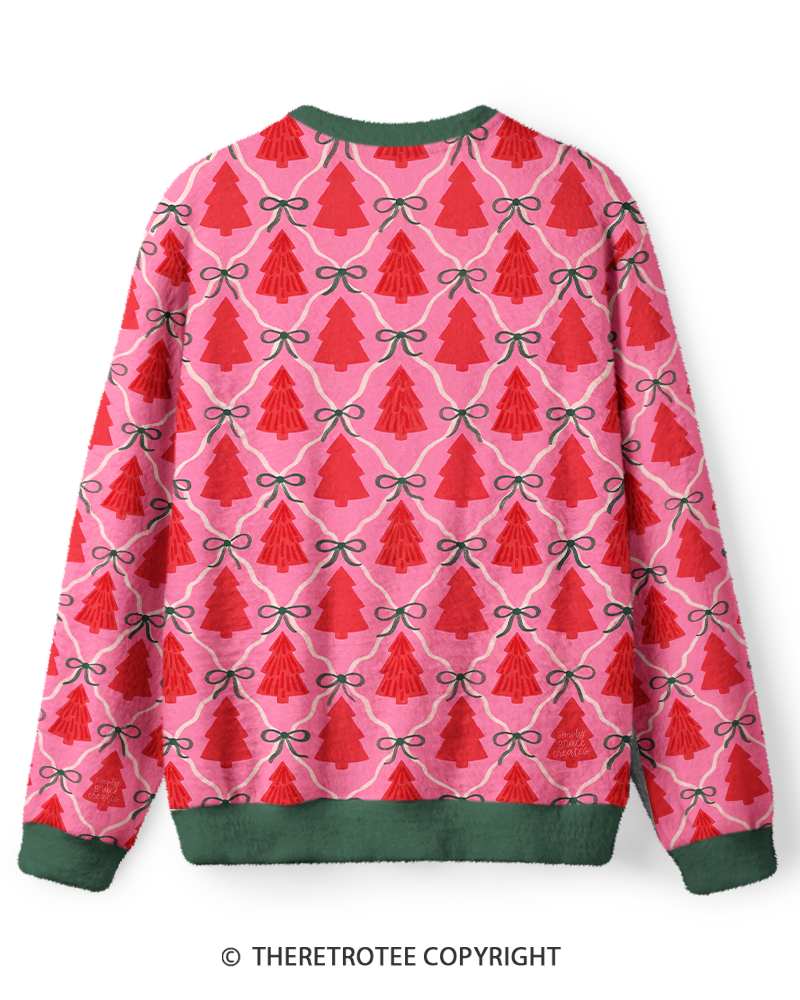 TheRetroTee Vintage 1960s Pink Christmas Tree Bow Sweater