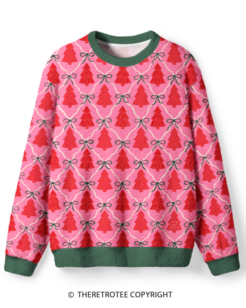 TheRetroTee Vintage 1960s Pink Christmas Tree Bow Sweater