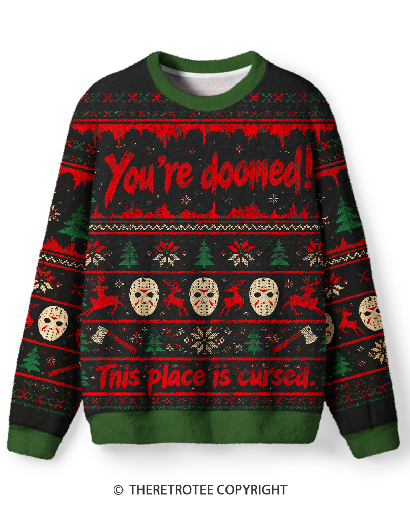 TheRetroTee Vintage 1980s Black Red Christmas Cursed Camp Horror Sweater
