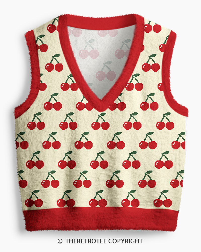 TheRetroTee Vintage 1970s Cream Cherry Picnic V-Neck Sweater Vest