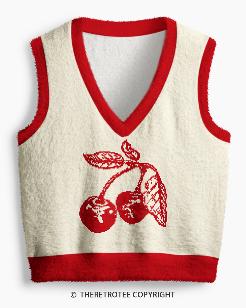 TheRetroTee Vintage 1970s Cream Cherry Motif V-Neck Sweater Vest