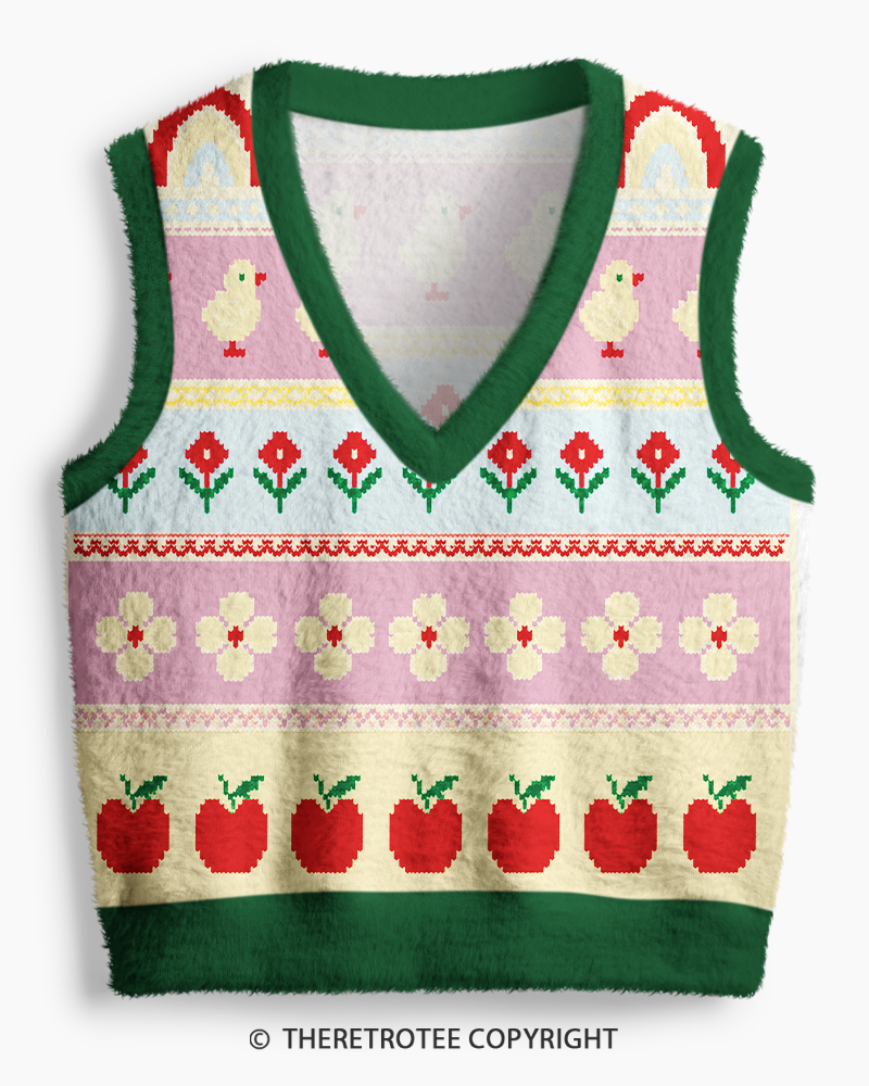 TheRetroTee Vintage 1970s Pastel Farm Garden Fair Isle V-Neck Sweater Vest