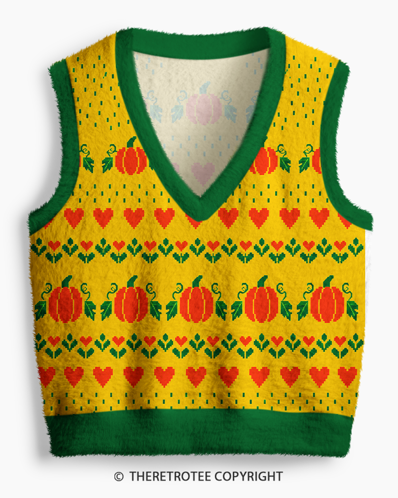 TheRetroTee Vintage 1970s Golden Harvest Pumpkin Heart V-Neck Sweater Vest