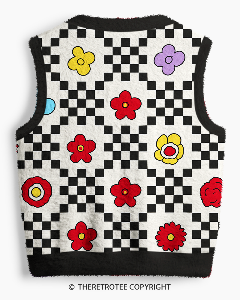 TheRetroTee Vintage 1960s Mod Checker Bloom V-Neck Sweater Vest