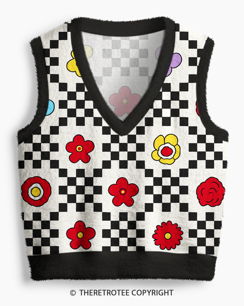 TheRetroTee Vintage 1960s Mod Checker Bloom V-Neck Sweater Vest