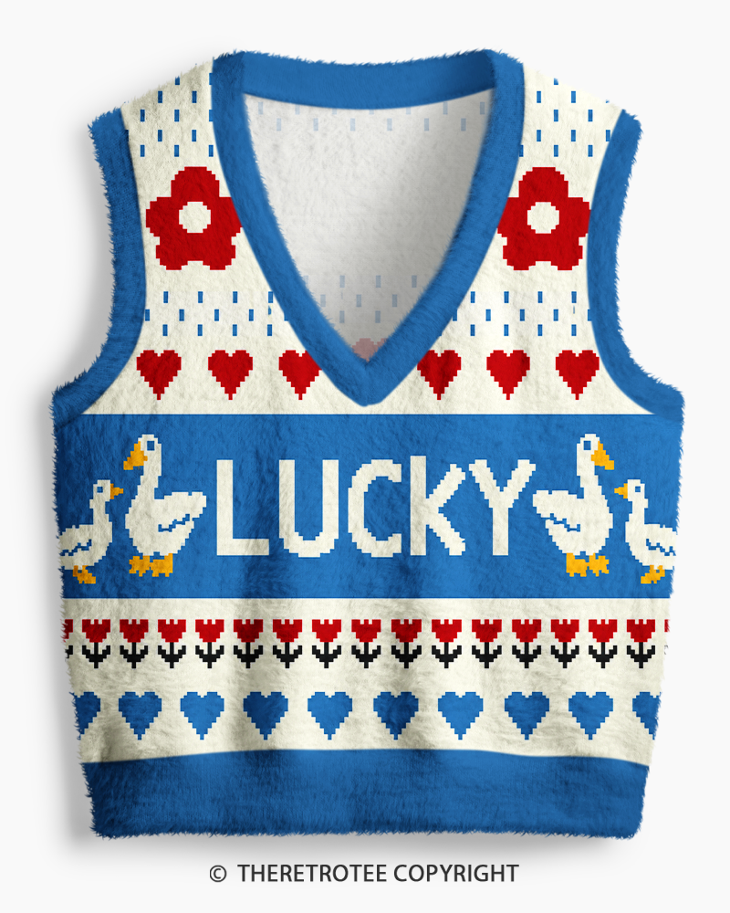 TheRetroTee Vintage 1980s Blue Lucky Goose Fair Isle V-Neck Sweater Vest