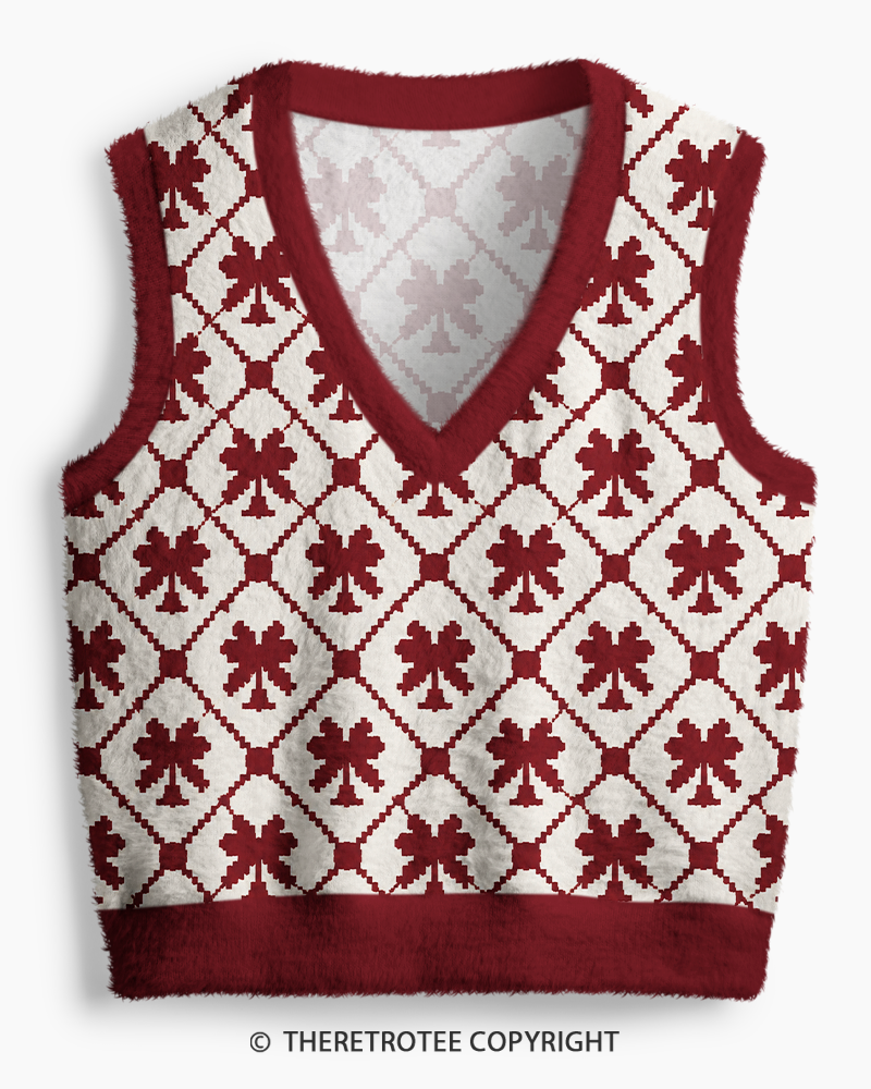 TheRetroTee Vintage 1970s Crimson Clover Lattice V-Neck Sweater Vest