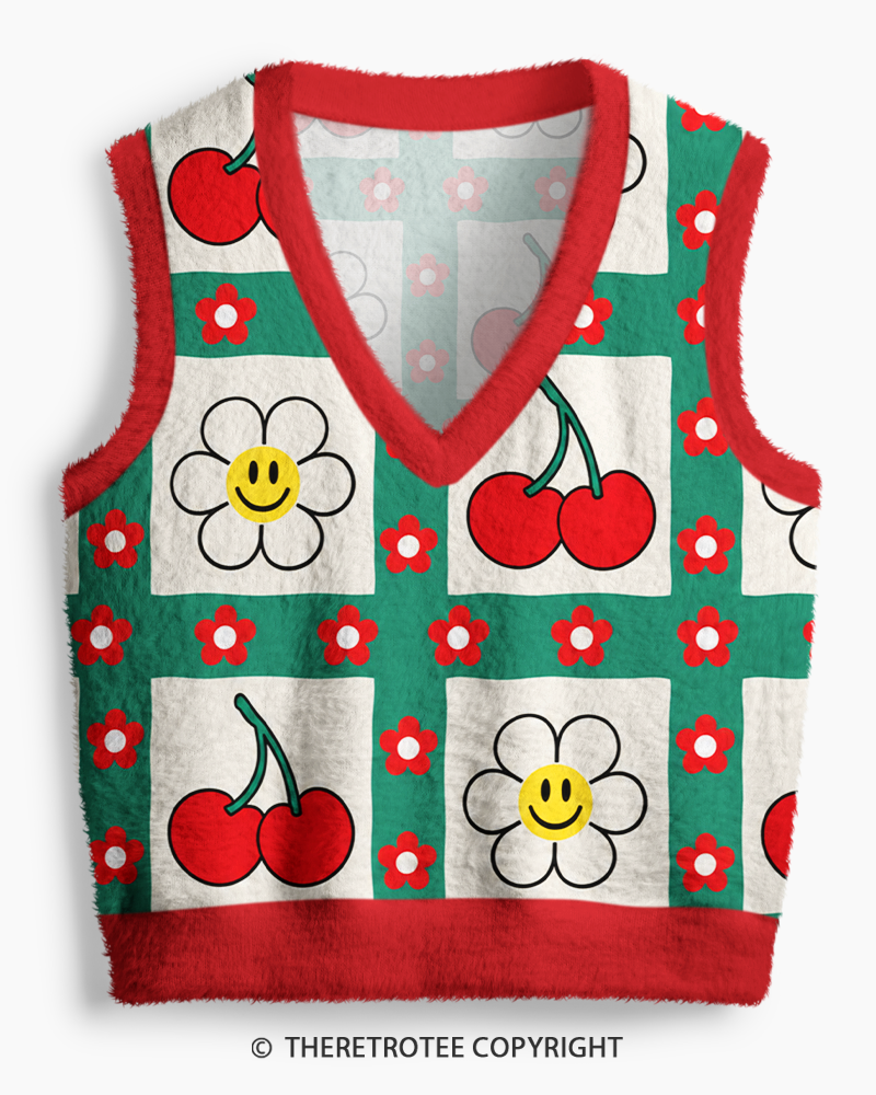 TheRetroTee Vintage 1970s Teal Cherry Daisy Patchwork V-Neck Sweater Vest